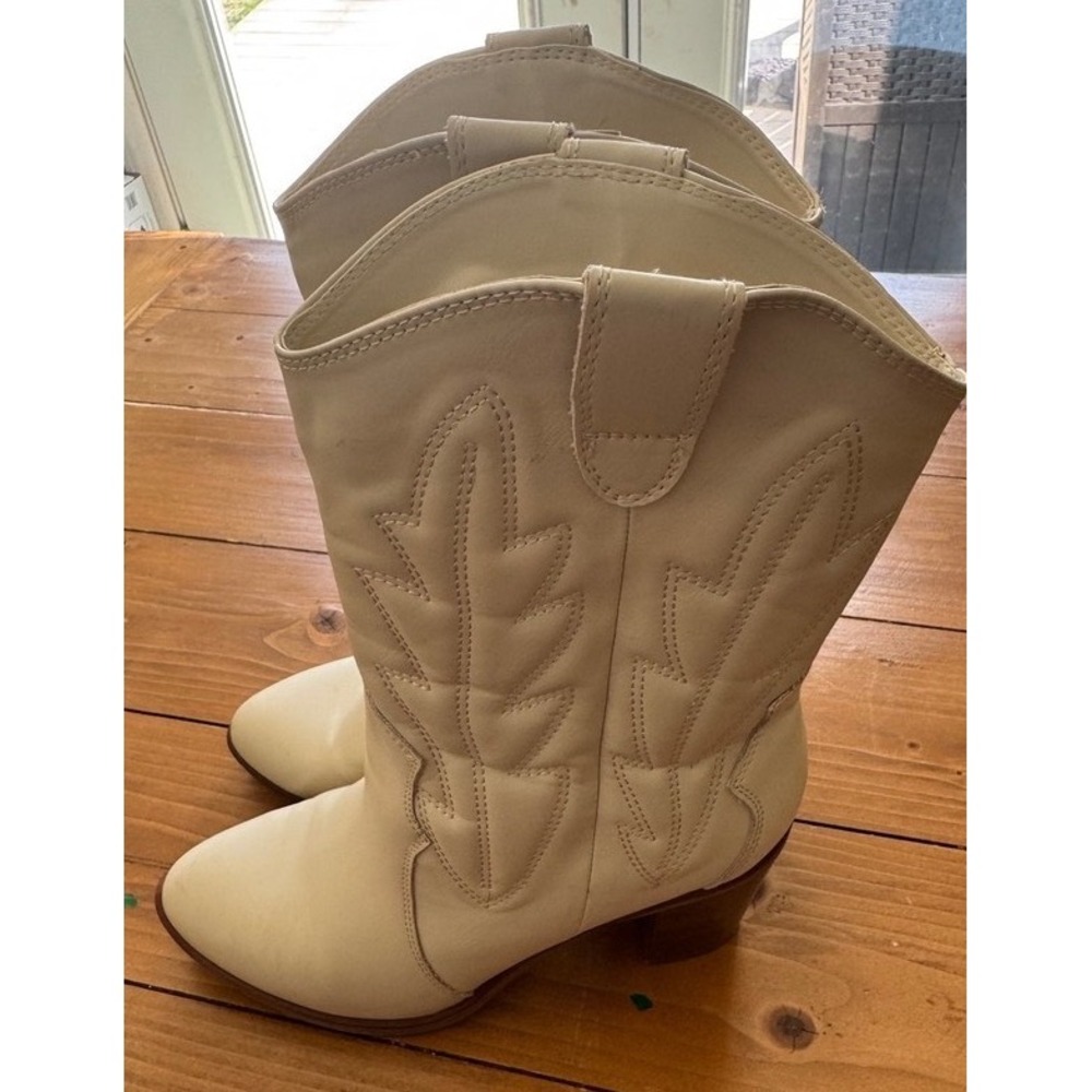 MIA Womens Off White Western Cowgirl Boots Block Heel Mid Calf Pointed Toe Ivory - Picture 3 of 10
